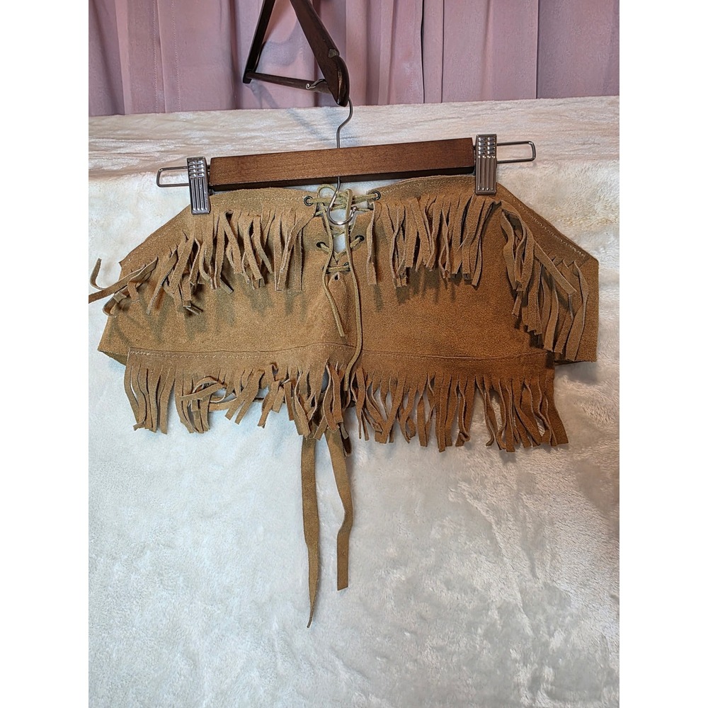Tan genuine Suede Fringe Tube Top Lace Up Western Boho Festival Bandeau One Size